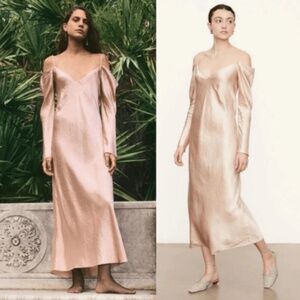 Vince Cold-Shoulder Draped Crinkled-Satin Midi Dress in Pearl Blush Pink XS NWT